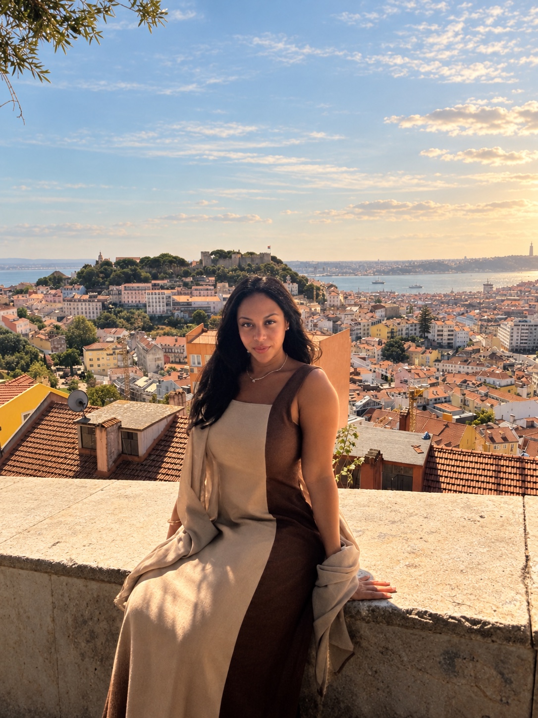 Jazmin overlooking the rooftops and waterfront of Lisbon, Portugal